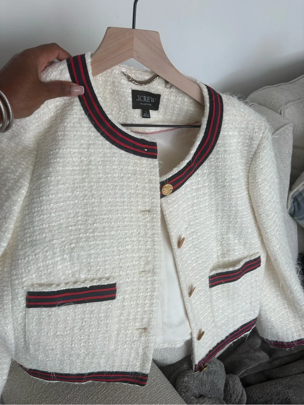 J. Crew Cream Tweed Blazer with Red & Black Stripe Trim